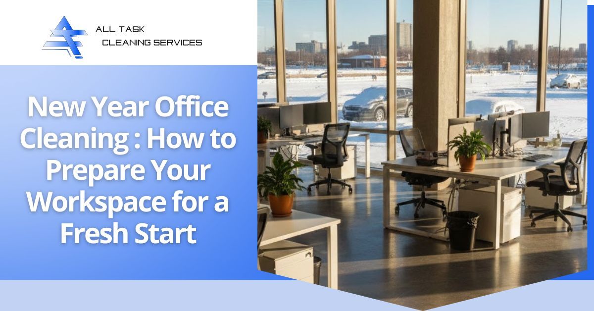 Promotional graphic for All Task Cleaning Services featuring a bright, modern open-plan office with large floor-to-ceiling windows overlooking a snowy winter cityscape. The office has clean white desks, ergonomic chairs, computer monitors, and potted green plants. Overlaid text in bold white on a blue background reads: "New Year Office Cleaning: How to Prepare Your Workspace for a Fresh Start," with the company logo in the top left corner. The image conveys a spotless, organized, and refreshing professional environment ideal for starting the new year.