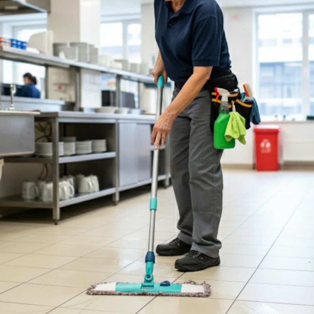 A person in a dark blue polo shirt and gray trousers is mopping the tiled floor of a clean, organized commercial kitchen or cafeteria. They wear a utility belt with cleaning supplies, and the background features stainless steel counters, stacked dishes, and a red bin.