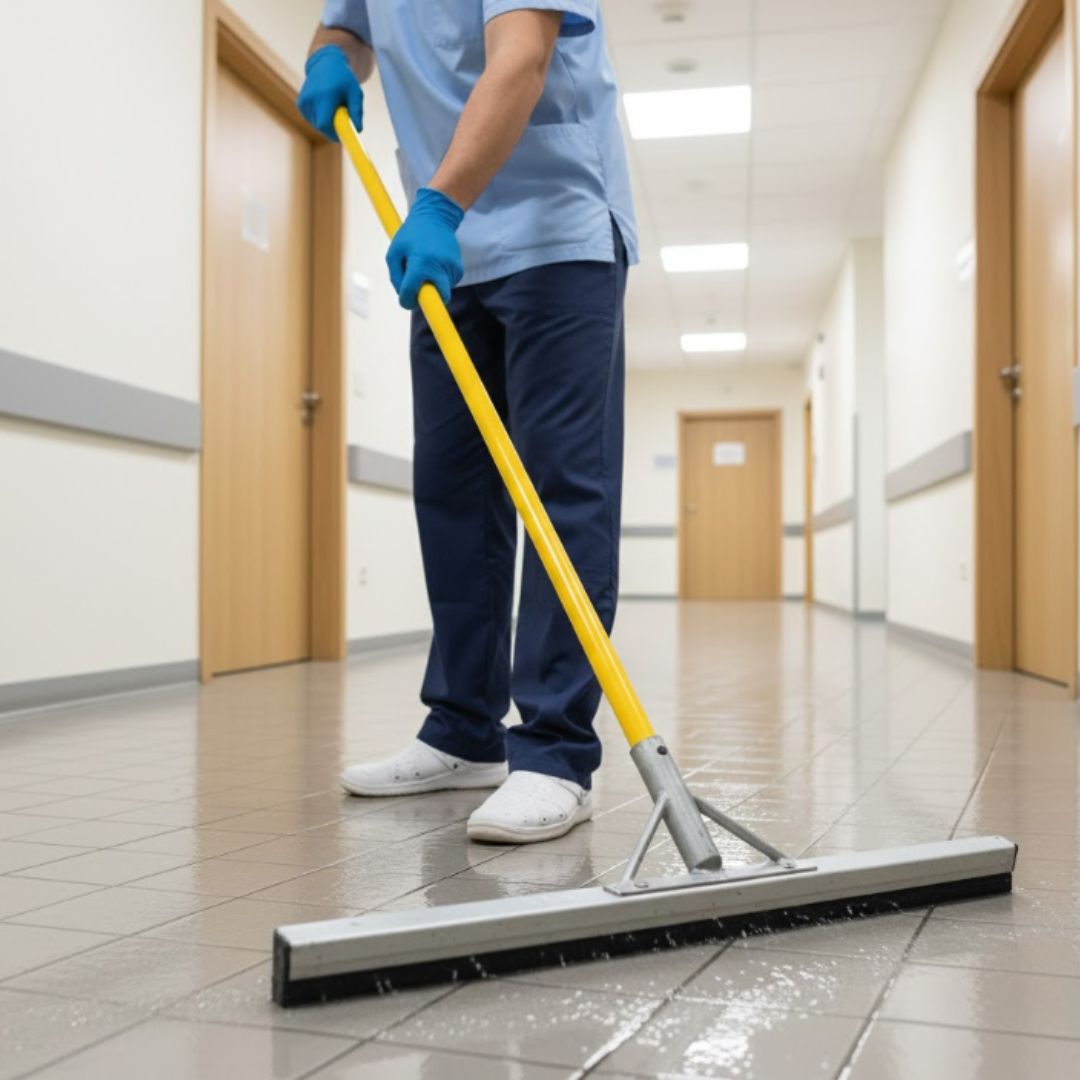 A person in light blue scrubs and gloves uses a yellow-handled floor squeegee to clean a wet, tiled hallway floor. The setting is a brightly lit institutional hallway with light-colored walls, wooden doors, and protective wall bumpers, suggesting a hospital or clinic.