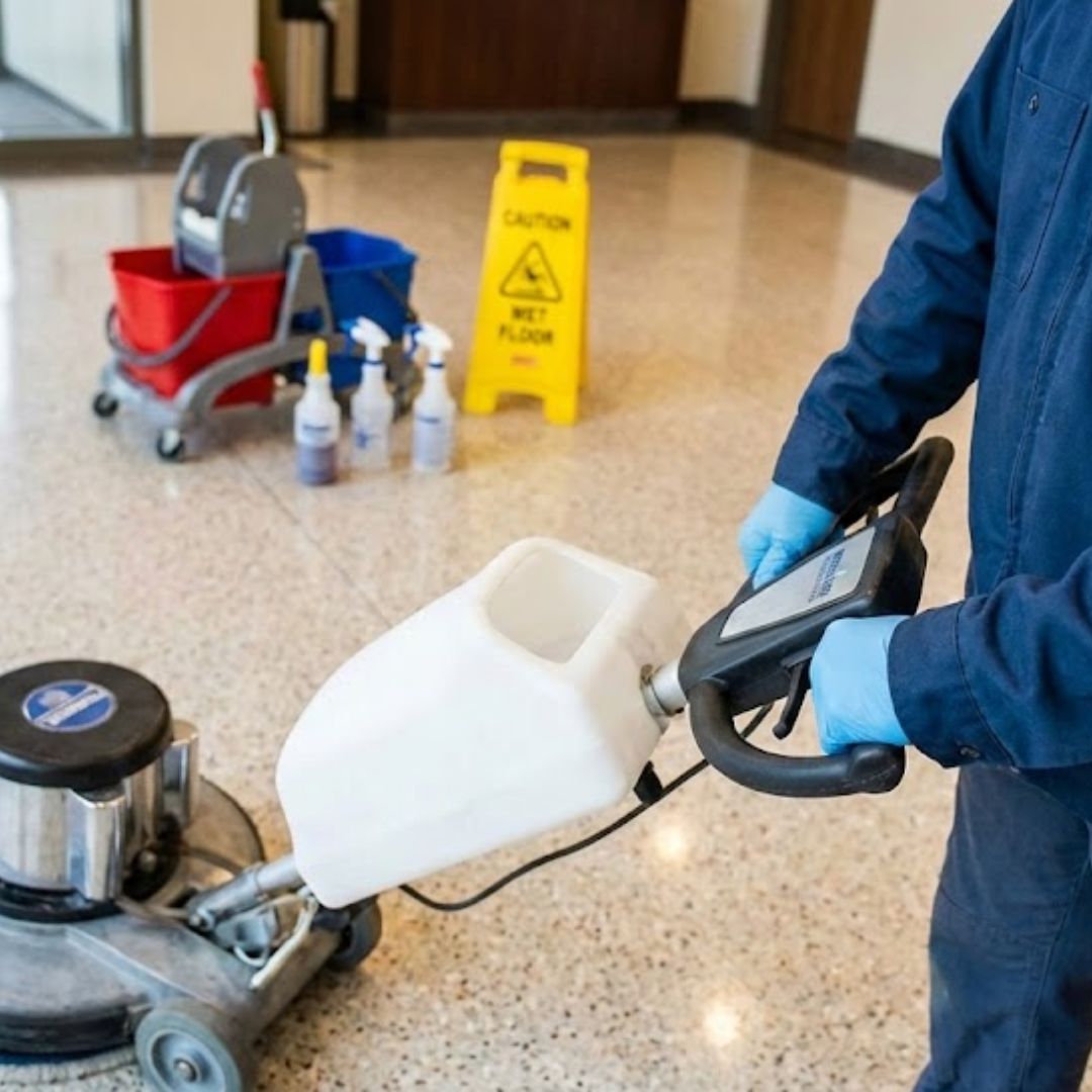 A cleaner in a blue uniform and gloves operates a gray floor buffer on a speckled floor. Nearby, a mop bucket, spray bottles, and a yellow 