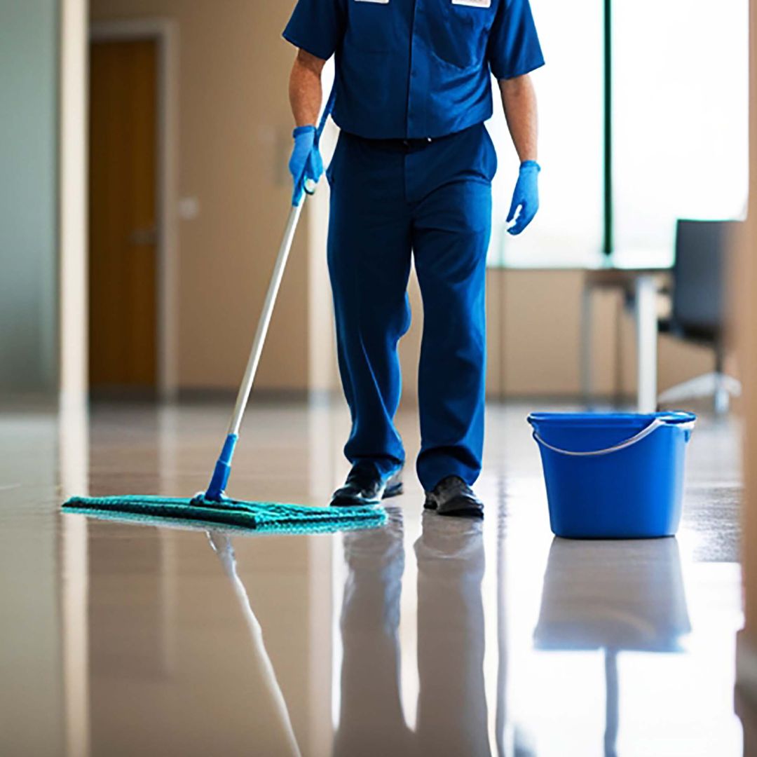 A person in a blue uniform and gloves is mopping a highly reflective beige floor with a teal microfiber mop. A blue bucket is nearby, and the setting appears to be an indoor office corridor with a door and a window in the background.