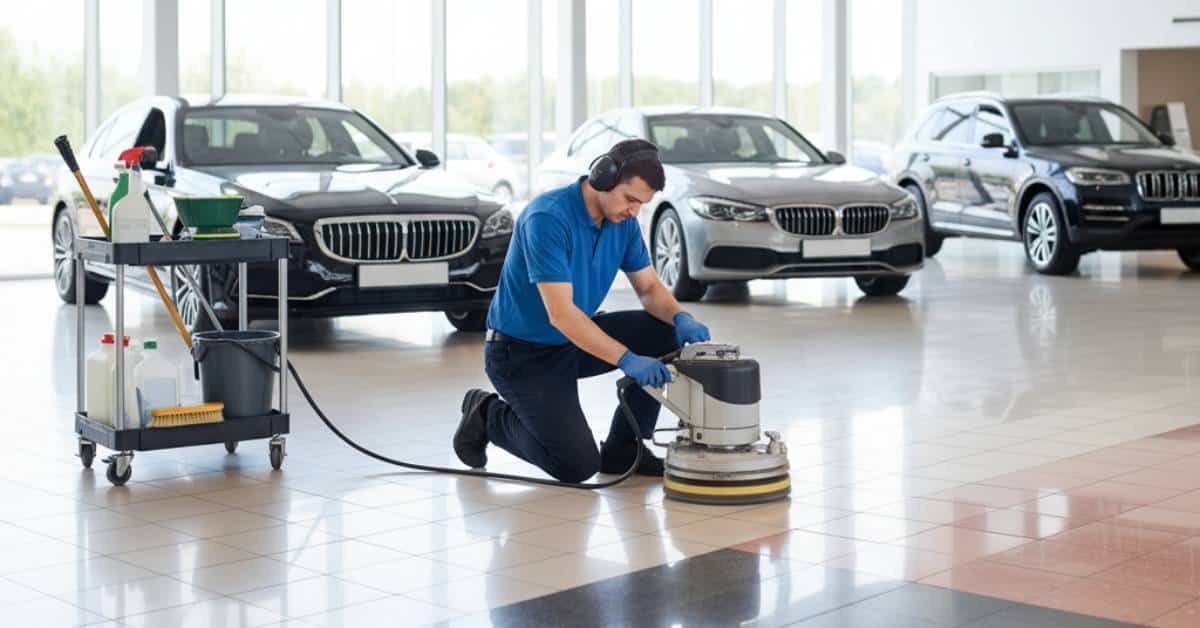 A man in blue uniform, representing a custom commercial cleaning team, cleans a showroom floor with a floor buffer. He is kneeling, wearing gloves and headphones. Nearby is a cleaning cart. Several cars are displayed in the background.