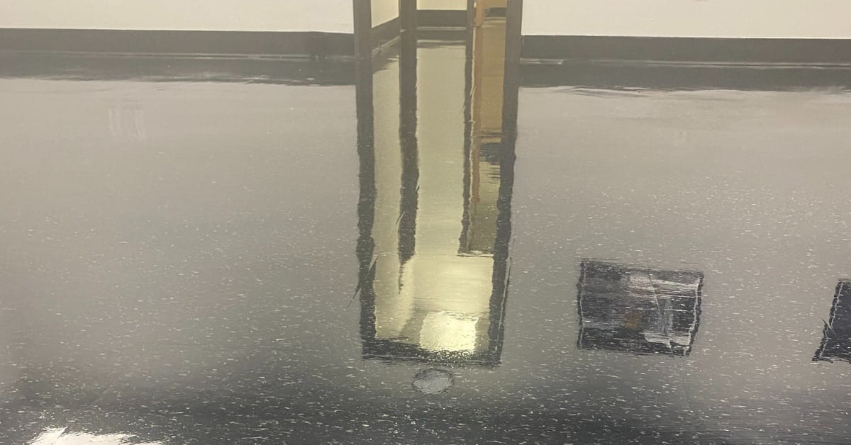 A dark, highly reflective floor resembling polished concrete or tile, mirroring a doorway or hallway with light-colored walls and a baseboard. The reflections include vertical lines and subtle marks, emphasizing the floor's glossy surface and the room's clean, minimalistic design.