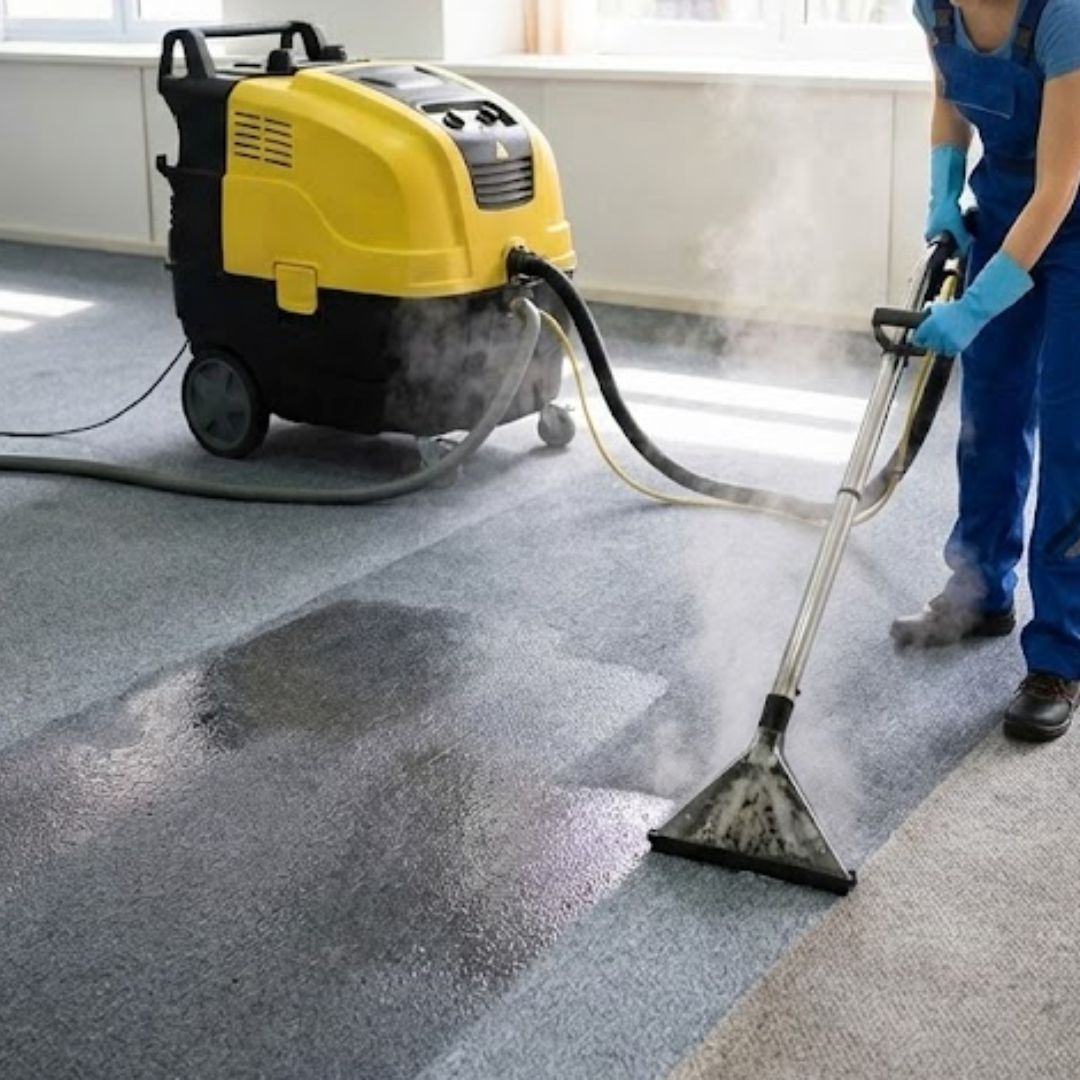 A professional carpet cleaning process is shown with a yellow and black steam cleaning machine and a person in a blue uniform operating a cleaning wand. The grey carpet shows a clear contrast between cleaned and uncleaned sections, with visible steam emphasizing the deep-cleaning action.