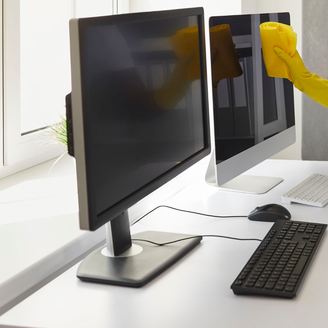 A hand wearing a yellow glove cleans a computer monitor with a yellow cloth on a white desk. Two monitors, a keyboard, and a mouse are arranged neatly on the desk in a bright, modern office setting. Reflections on the screens add depth to the scene.