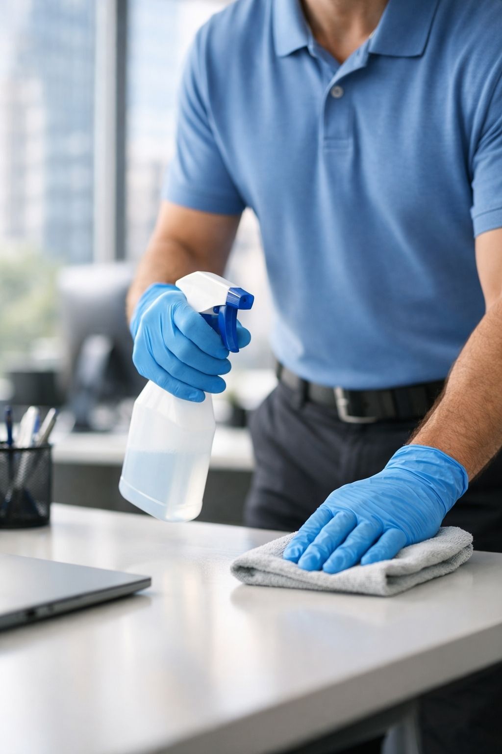 Office cleaner cleaning a commercial building with a pair of rubber gloves on and a spray bottle