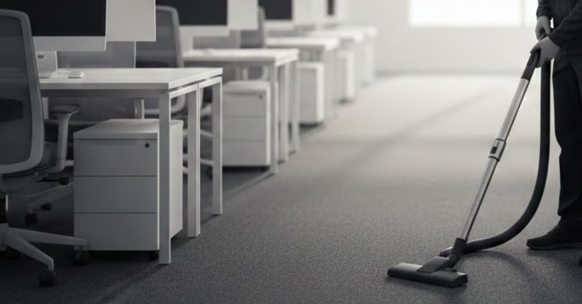 A man vacuuming a uniform gray-style office with neat computers, desks, and chairs