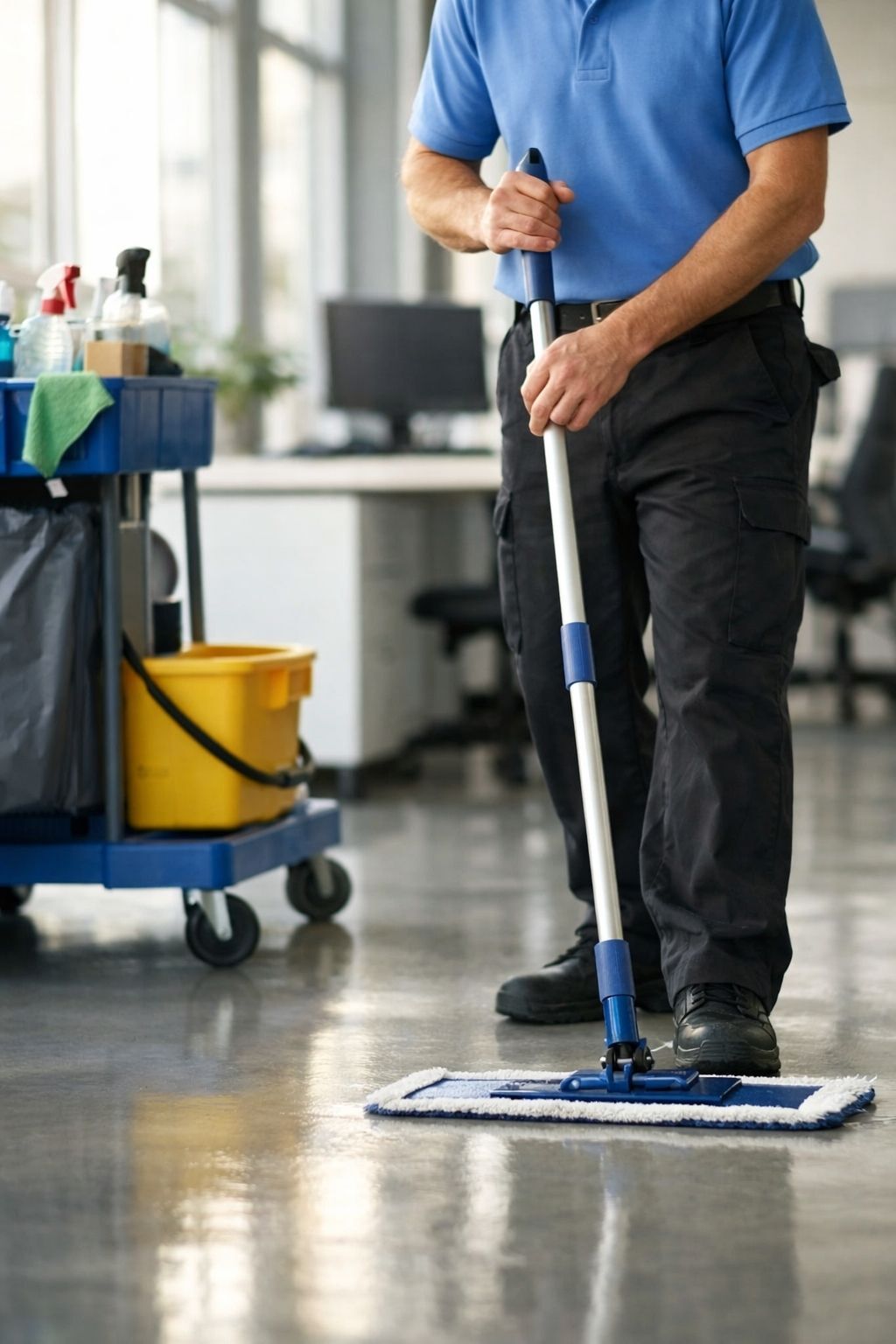 A person mopping a commercial workspace